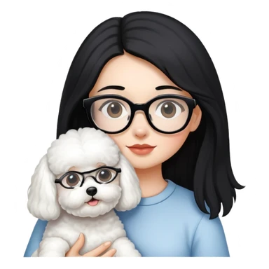 Girl with long black hair and glasses holding a white Bichon Frise dog sticker