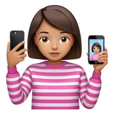 Emoji of a cute 3D girl with short dark brown bob hairstyle, wearing a pink and white striped sweatshirt. She is holding a phone and taking a selfie, white background.

 sticker