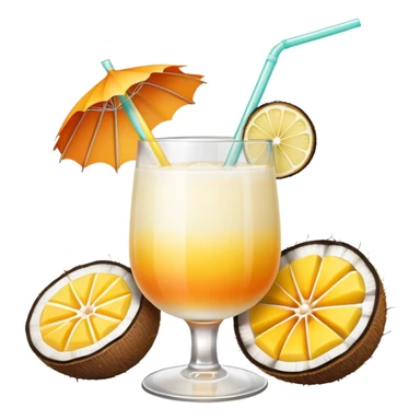 A beautiful cocktail with a creamy white to orange gradient, containing coconut juice and mango, reminiscent of summer. Above, there are tropical flowers, lemon slices, and a straws. sticker