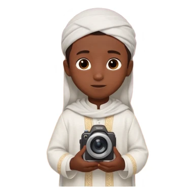 Personnage 3D mignon en style Pixar, un petit garçon portant un qamis blanc et un kufi, tenant un tapis de prière, entouré de lanternes brillantes, fond doux, couleurs chaudes, garçon teint noir TENANT UN APPAREIL PHOTO sticker