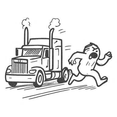 2026 Kenworth W680 flat top semi sleeper with stacks chasing an abominable snowman down the road, hand drawn style sticker