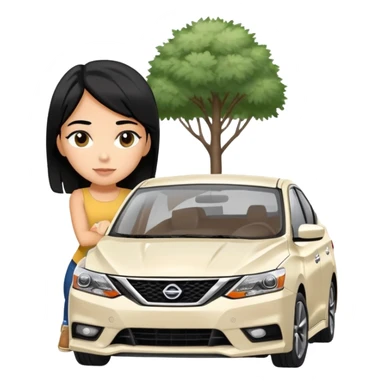 pretty tan girl with black hair in front of a white nissan sentra SR 2016 sticker