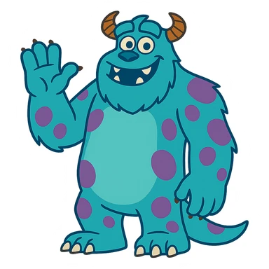 James P. Sullivan Sulley from Monsters Inc, large blue furry monster with purple spots, friendly smile, full body, cartoon style sticker