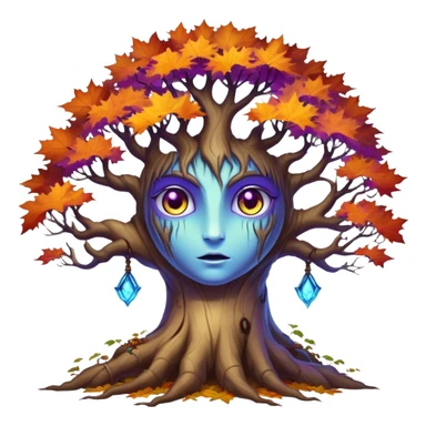 An ancient, psychic tree evolves by absorbing the essence of fallen autumn spirits, sprouting a radiant, maple-crowned face that channels both forest wisdom and fiery seasonal magic through its gnarled. Purple eyes, blue eyes sharp teeth, bark skin heterochromia sticker