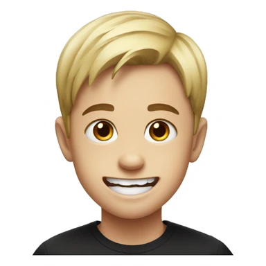 smiling boy in black shirt and a gap in teeth sticker