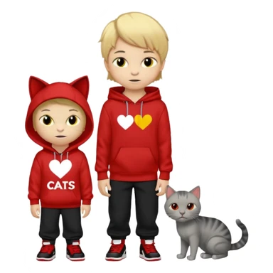 A 8 year old boy wearing a red and black hoodie say I heart cats he’s blond he has red Jordan’s and Hess wearing black pants he’s next to a gray cat with yellow eyes  sticker