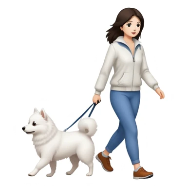 Brunette woman walking one Japanese Spitz dog sticker