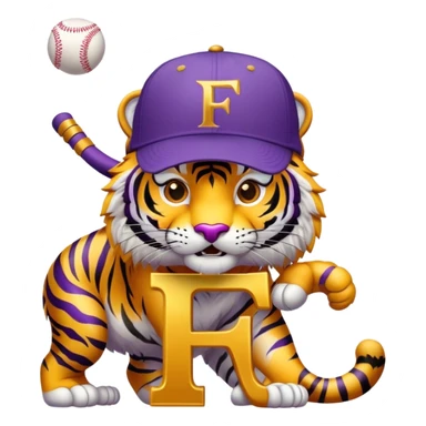 Purple and gold tiger mascot with baseball hat on with letter F  sticker