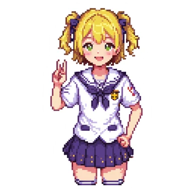 Pixel art anime girl with short bright yellow hair wearing Japanese sailor style school uniform, making victory peace signs with both hands, winking happily with excited expression sticker