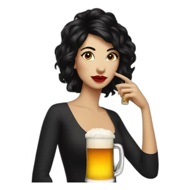 a woman with wacky black hair and red lips drinking a beer sticker