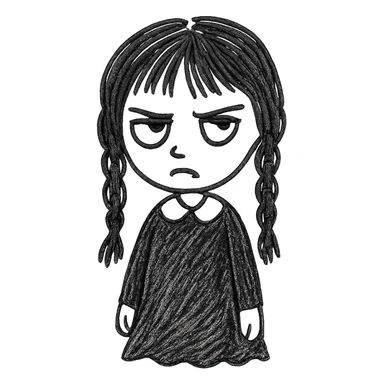 gothic girl, moody expression, black dress, textured lines, hand drawn sketch style sticker