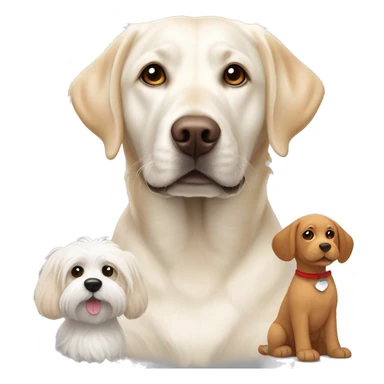 White Labrador next to a red goldendoodle, next to a gray and white puggle, next to a white havanese  sticker