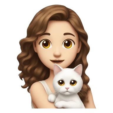 A girl with brown hair is holding a white fluffy cat with different eyes sticker