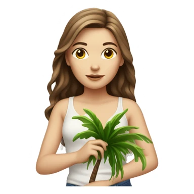 White girl with brown hair carrying a small palm tree sticker