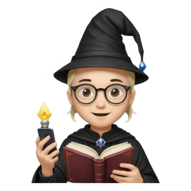 ["A happy boy with light skin, ponytail, wearing a wizard hat and square glasses, dressed in goth fashion, is reading a book while holding a phone."] sticker