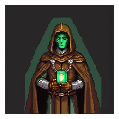 S'pht compiler from Marathon M1 (1994) in brown cloak, green light, metal mantle pauldron, vintage polaroid screenshot, retro game-inspired feel, soft aged photo look sticker