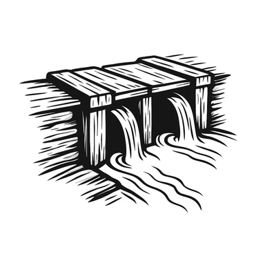 old wood dam with canal water, black doodle style sticker