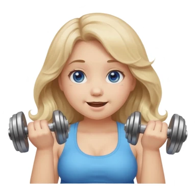 Kawaii emoji girl with big  blue glossy eyes, long wavy dirty blonde hair, happy expression, holding a dumbell, chubby cheeks, soft pastel colors, cozy and sweet aesthetic, clean background. sticker