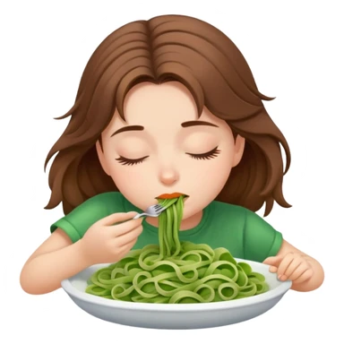Brown haired girl eating green pasta totally asleep sticker
