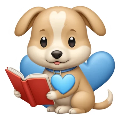 Beige dog reading a sky color book And a big white heart on the back sticker