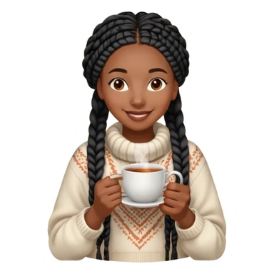 A dark-skinned Black woman with long black box braids, holding a steaming tea cup, wearing a cozy sweater, smiling. sticker