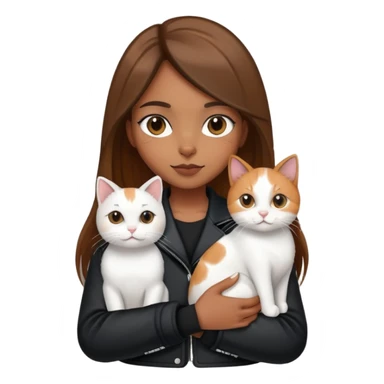 Brown straight-haired girl wearing black jacket with white cat and calico cat sticker