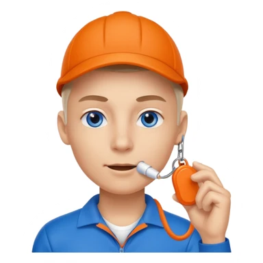Make a friendly emoji style mascot for Sports Eye. Character will be blue sporty eye with a face, wearing a whistle, symbolizing coach giving guidance. design should be modern, friendly, & energetic, like a sports coach avatar. Primary color #2051E5 small touch of orange. sticker