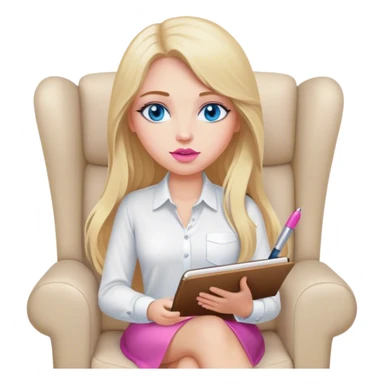 Cinematic realistic blonde with long hair, blue eyes and pink lips, sitting in a beige armchair with a notebook and pen in her handsshirt, sits in a beige armchair with a notebook and pen in her hands sticker
