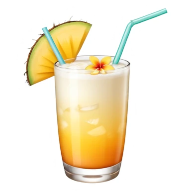 A beautiful cocktail with a creamy white to orange gradient, containing coconut juice and mango, reminiscent of summer. Above, there are tropical flowers, lemon slices, and a straws. sticker