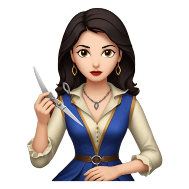 Delilah, a beautiful Philistine woman with dark hair and elegant clothing, seated in a dimly lit room. She has a cunning, seductive expression as she holds a pair of scissors, symbolizing her betrayal of Samson. sticker