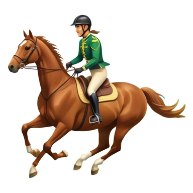 An icon featuring a horse and rider galloping gracefully over a lush green field. The rider is in full gear, guiding the horse with precision. The background shows rolling hills, a clear blue sky, and vibrant sunlight illuminating the scene. Transparent background highlights the elegance sticker
