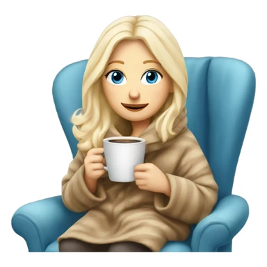 Blonde hair blue eyed white girl covered in blanket winter vibe sitting on a cozy chair holding coffee sticker