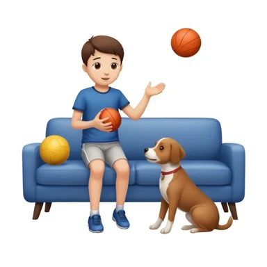 kid and dog playing with ball, living room background sticker