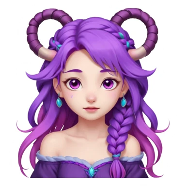 1 girl, long flowing purple hair with braided strands, vibrant and soft color palette, inspired by spirit blossom theme, long hair, loose wave straight haircut, sheep horns, pink eyes, young, skinny, japanese themed,  blossom, league of legends character, shy expression, blush, (off shoulder) sticker