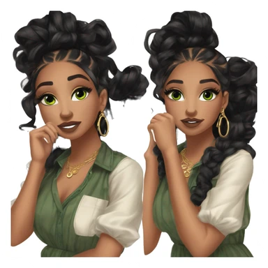 Glamorous, streetwear or cocktail dress, black balayage hair, half up half down hair, olive skin, green almond eyes, winged eyeliner with big lashes, wearing hooped earrings, rings and bracelets  sticker