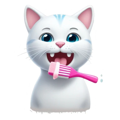 Cute white cat brushing teeth with pink toothbrush  sticker