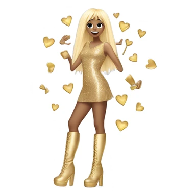 Tall blonde pop star wearing a good fringe mini dress , gold sparkly knee high boots and raising hand over her head in a hand heart  sticker