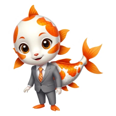A super cute and fun koi fish character with big anime eyes, rosy cheeks, playful smile, sleek rounded body with orange and white patterns, wearing a neat business suit, white shirt, and tiny tie sticker