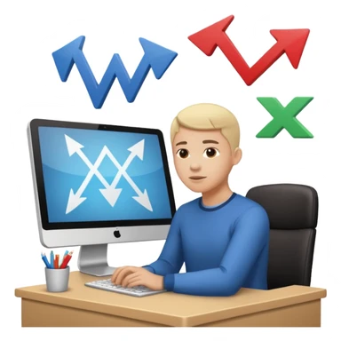 A person sitting at a desk working and looking at a computer with upward arrows and percentage signs, suggesting digital sales, marketing, or outreach. sticker