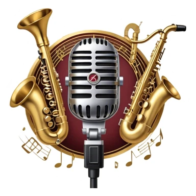 Create an artistic and dynamic emoji representing jazz vocal performance, featuring a vintage microphone as the central focus. Surround the microphone with traditional jazz instruments, such as a saxophone, trumpet, and upright bass, arranged in a harmonious, flowing design. Add musical notes and sound waves emanating from the microphone to symbolize the improvisational and expressive nature of jazz vocals. The instruments should have a polished, classic appearance with metallic gold and silver accents. Use rich colors like deep black, gold, and burgundy to evoke the sophisticated and soulful atmosphere of a jazz club. The background should be transparent. sticker