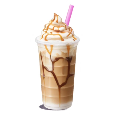 Caramel iced coffee with whipped cream and caramel drizzle with light pink straw sticker