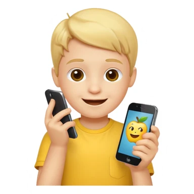 happy little kid with a phone, apple style emoji, wearing a yellow shirt, concise style typical of apple emojis sticker