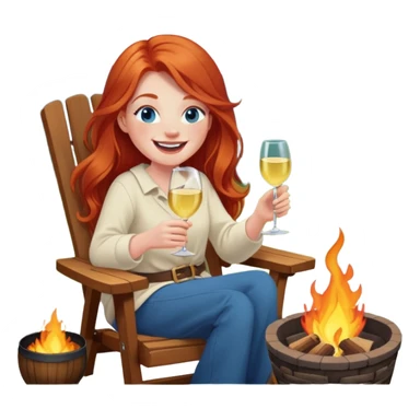Laughing redhead with long hair and blue eyes holding chardonnay sitting in chair beside fire pit  sticker