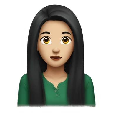 asian lady with long black hair, hoop earrings, a dark green shirt with a puzzled look on her face sticker