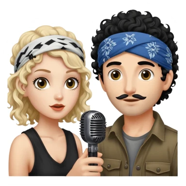 beautiful pale girl with black hair next to bug eyed tanned skin homeless man with bandana and curly hair whose holding microphone sticker