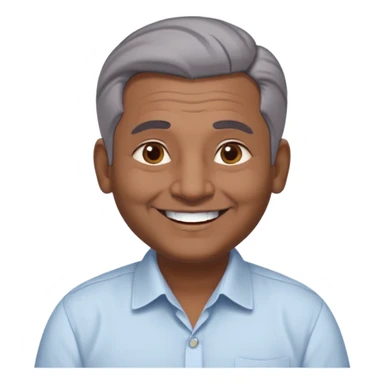 50 yr old indian man, dark skin, grey hair, big smile, white teeth, chubby, no moustache, clean shaven, young style hair, hair brushed back, 5 oclock shadow, bindy, dress shirt, forehead dot, chubby sticker