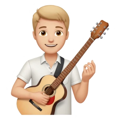 male memoji, man in a white shirt, holding a guitar, dreamy smile sticker