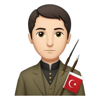 "A dignified historical poet with short dark hair but white strands at the nape of his neck, no mustache, wearing an Ottoman-era suit, holding a quill and paper, with the Turkish flag in the background, a mosque silhouette behind him, and a determined expression on his face. No hat." sticker