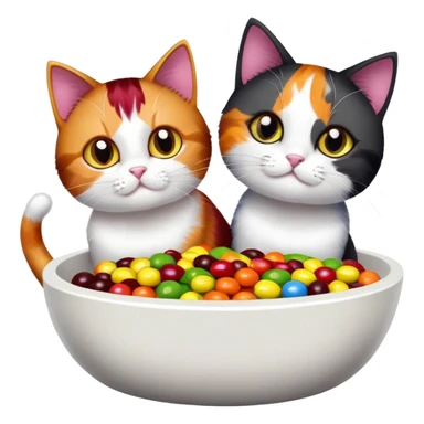 Two cats and a fabric bowl one named Iron Man and another one named skittles who is a black and white cat with skittles all over him sticker
