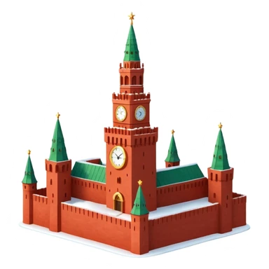 Apple iOS style emoji of the Moscow Kremlin Spasskaya Tower, winter
New Year edition. Red brick texture, snowy roof, golden clock face. Small festive garland with glowing lights wrapped around the tower. Bright red glowing star on top. 3D isometric  sticker